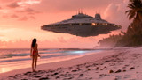 Elegant Lady Encounters Alien Spaceship on Beach
