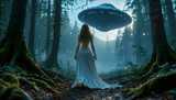 Elegant Lady Encounters Flying Saucer in Forest