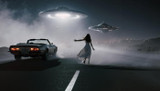 Elegant Lady Encounters Flying Saucer on Road