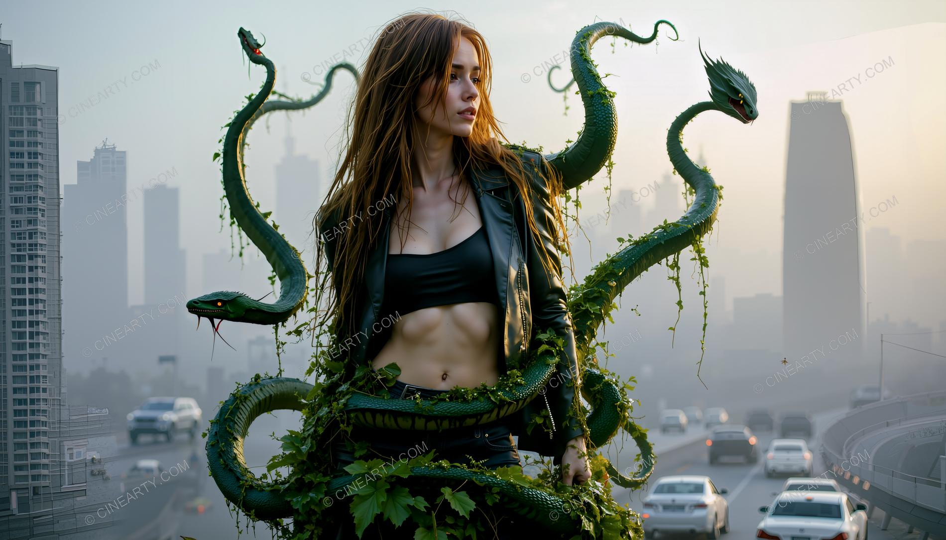 Girl and Lizard-Plant Mutant Monsters 12380