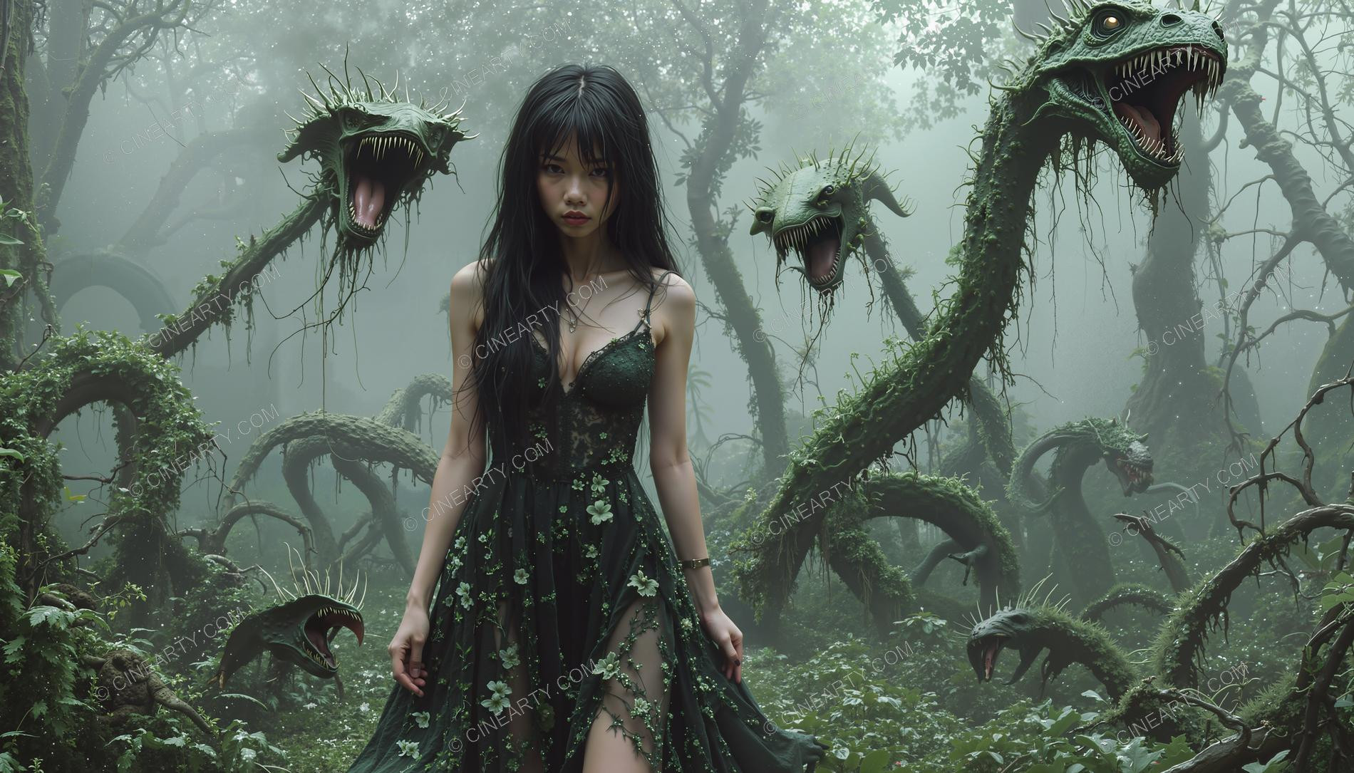 Girl and Lizard-Plant Mutant Monsters 29979