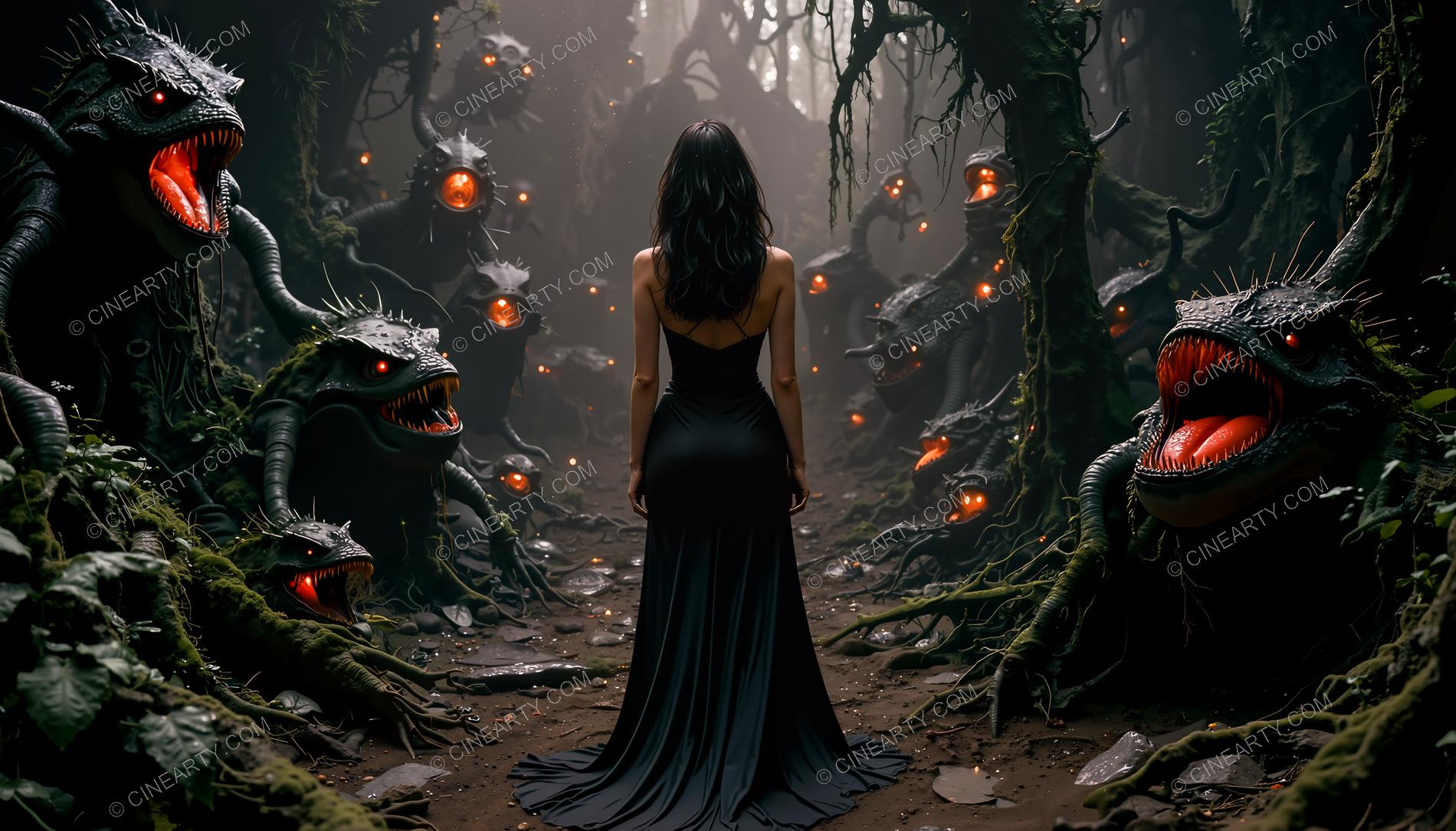 Girl and Lizard-Plant Mutant Monsters 48558