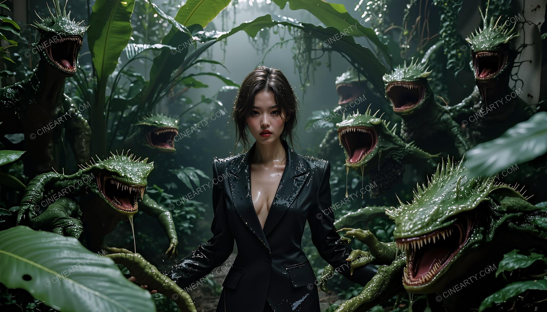 Girl and Lizard-Plant Mutant Monsters 66546