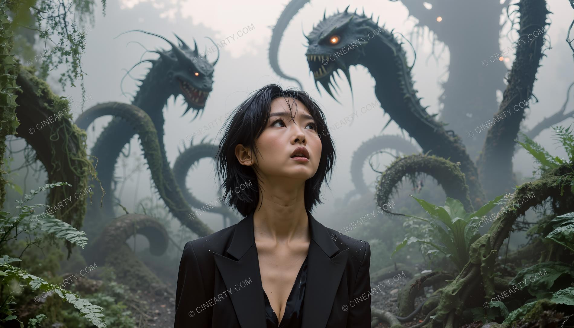 Girl and Lizard-Plant Mutant Monsters 60729