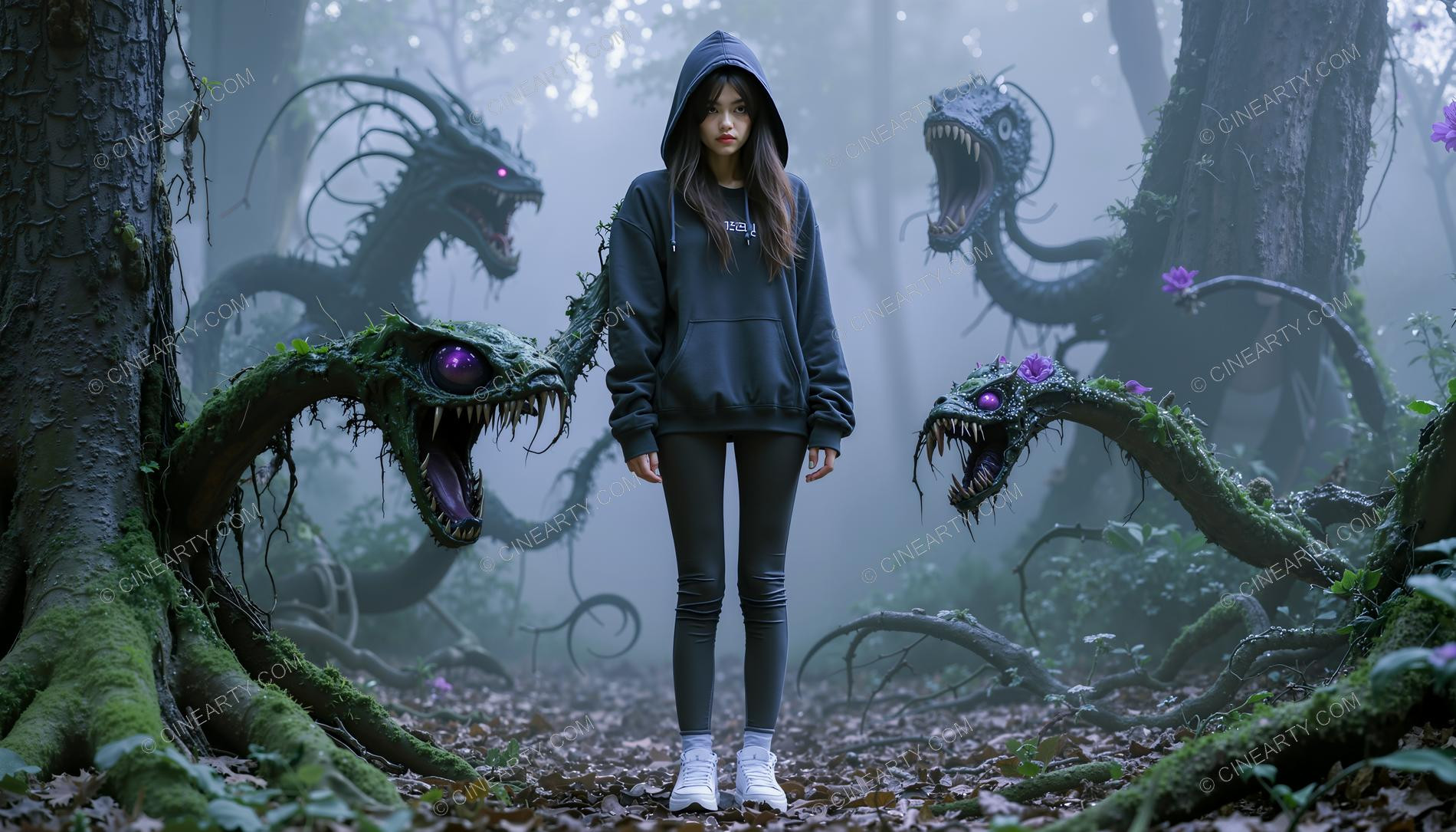Girl and Lizard-Plant Mutant Monsters 98221