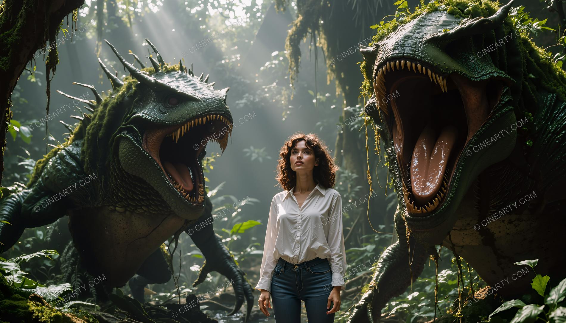 Girl and Lizard-Plant Mutant Monsters 34235