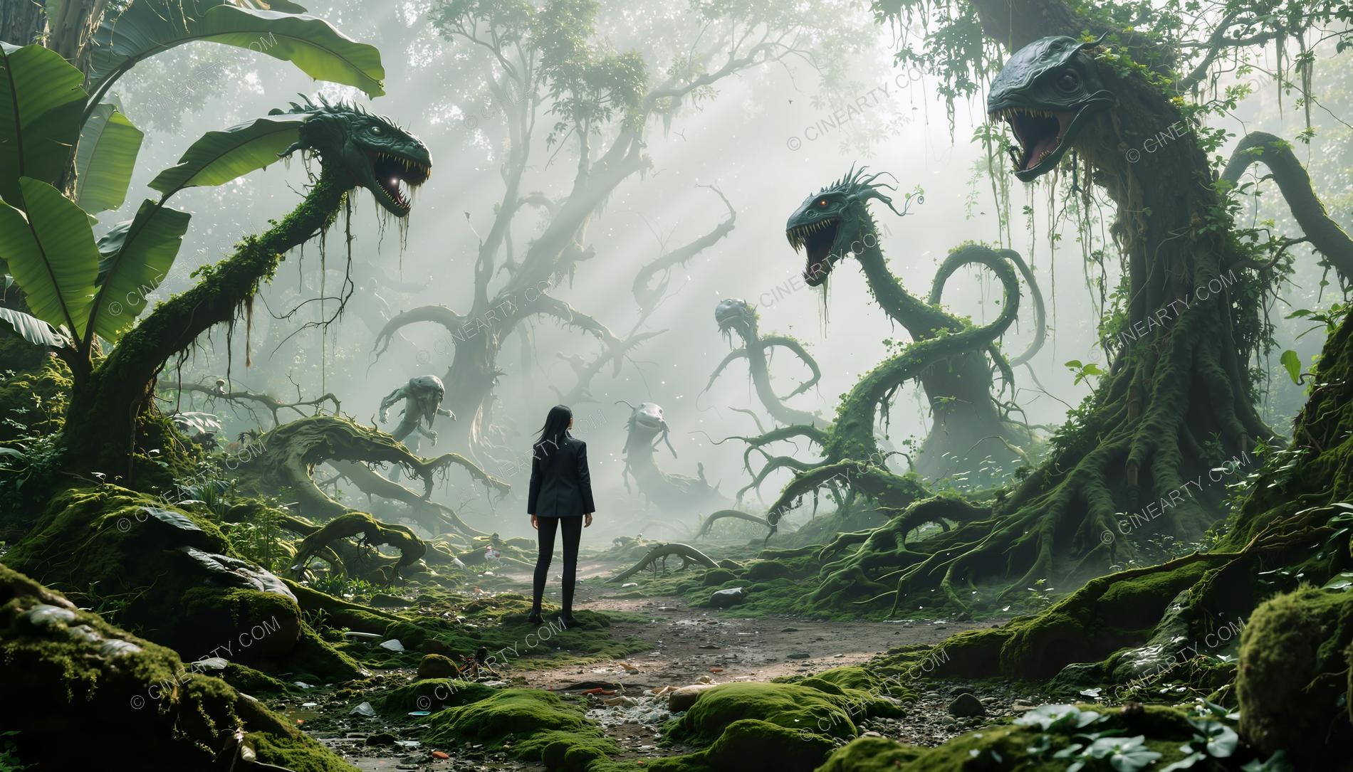 Girl and Lizard-Plant Mutant Monsters 48713