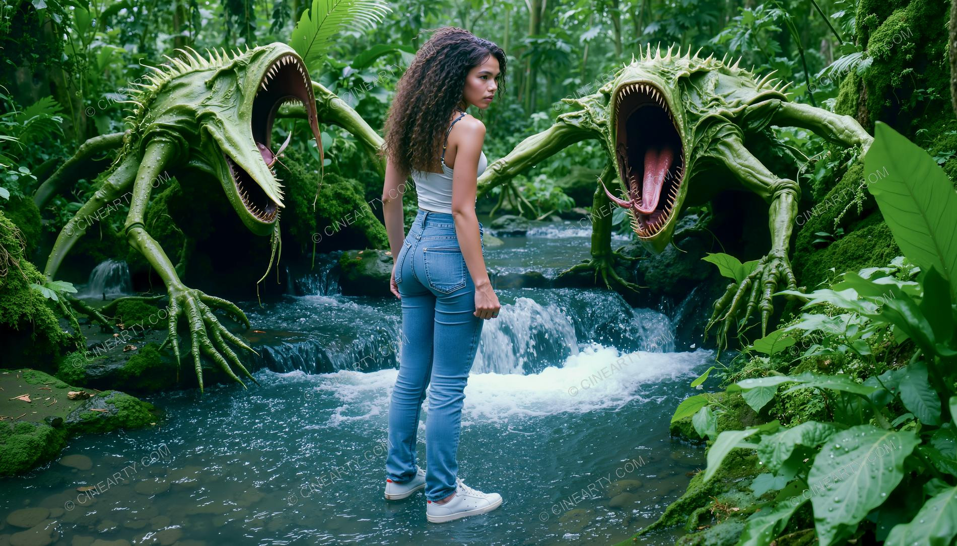 Girl and Lizard-Plant Mutant Monsters 59778