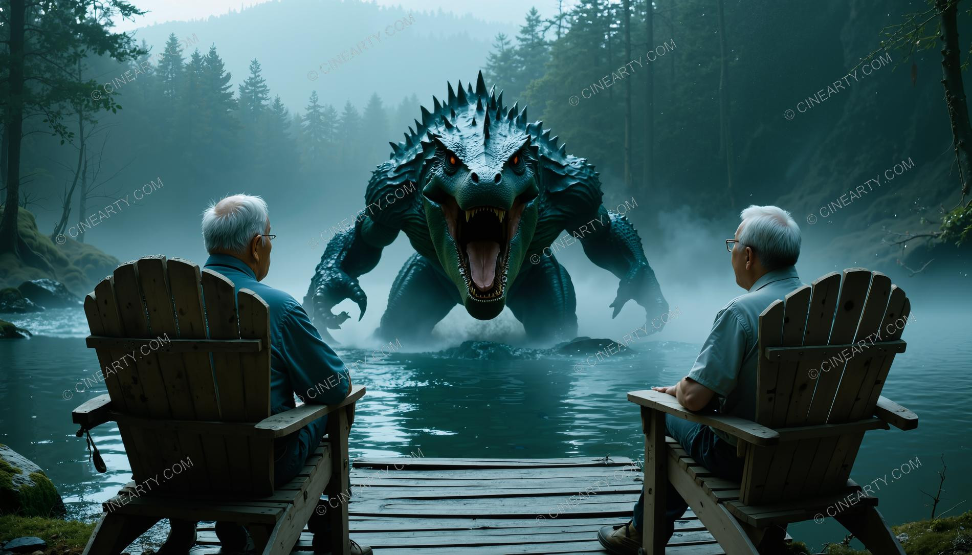 Huge Reptile on the Foggy Lake 05321