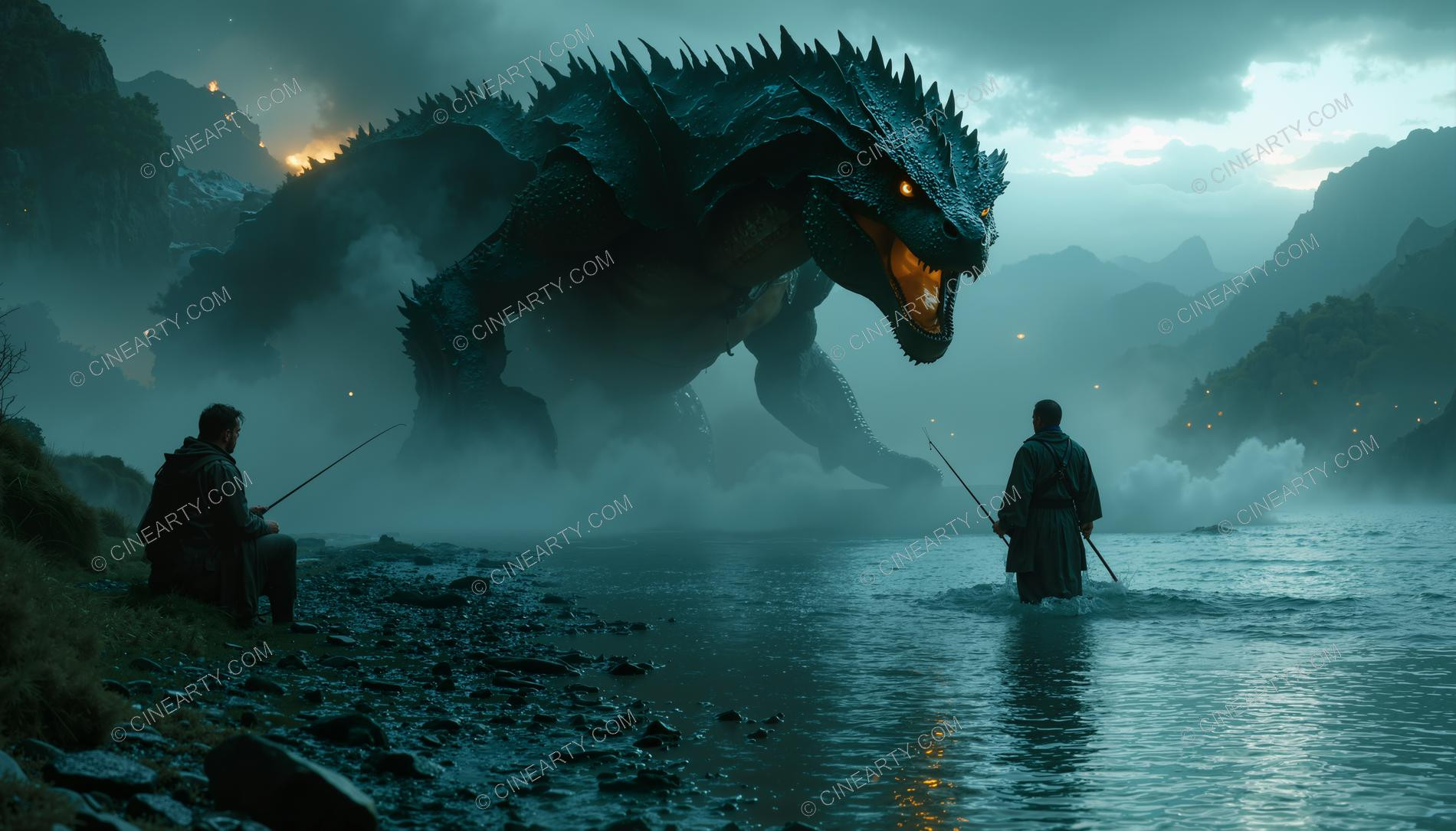 Huge Reptile on the Foggy Lake 07253