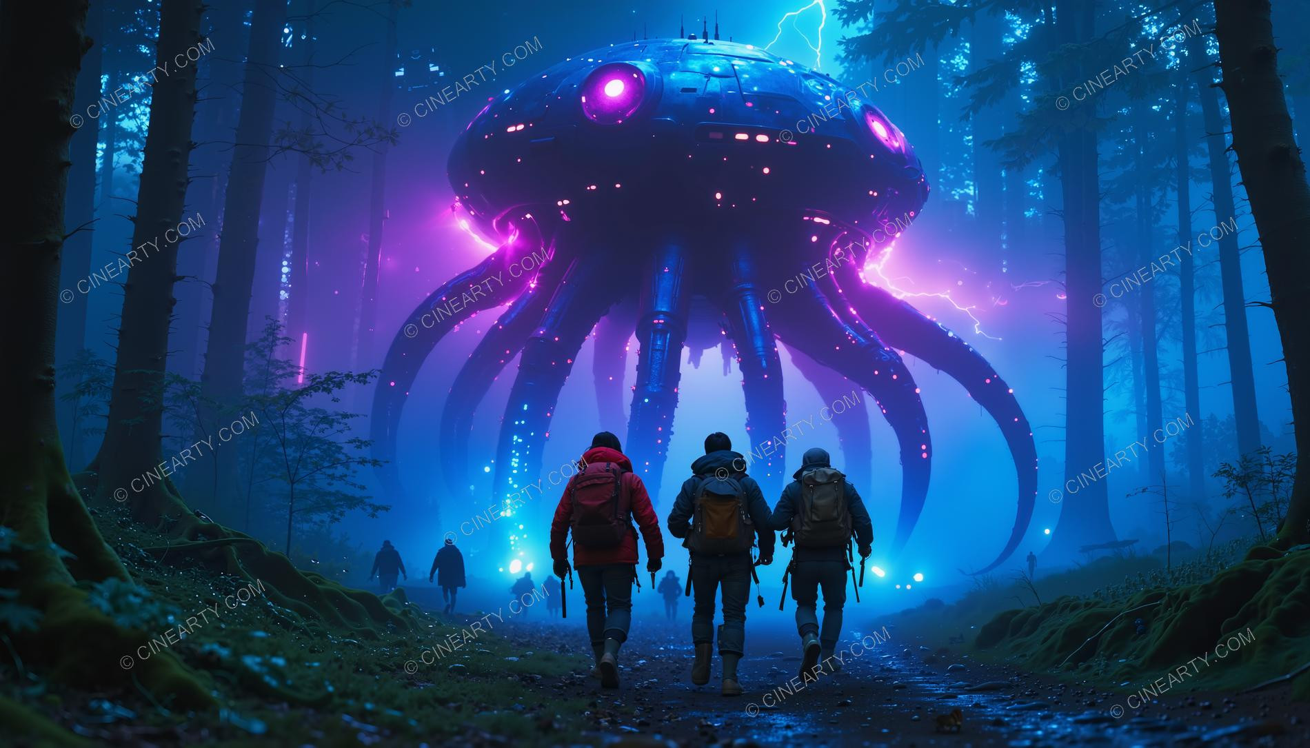 Hikers Encounter a Flying Saucer in a Forest 09721
