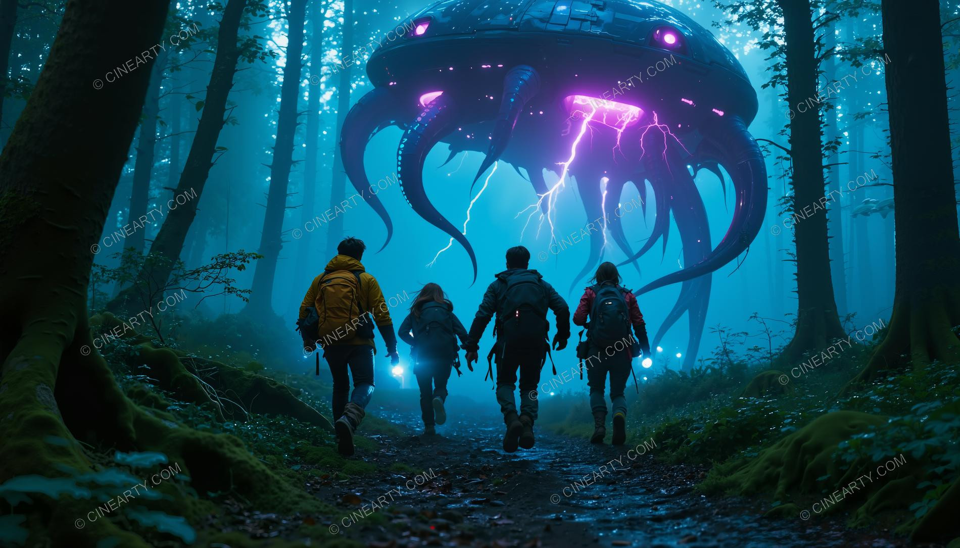 Hikers Encounter a Flying Saucer in a Forest 52624