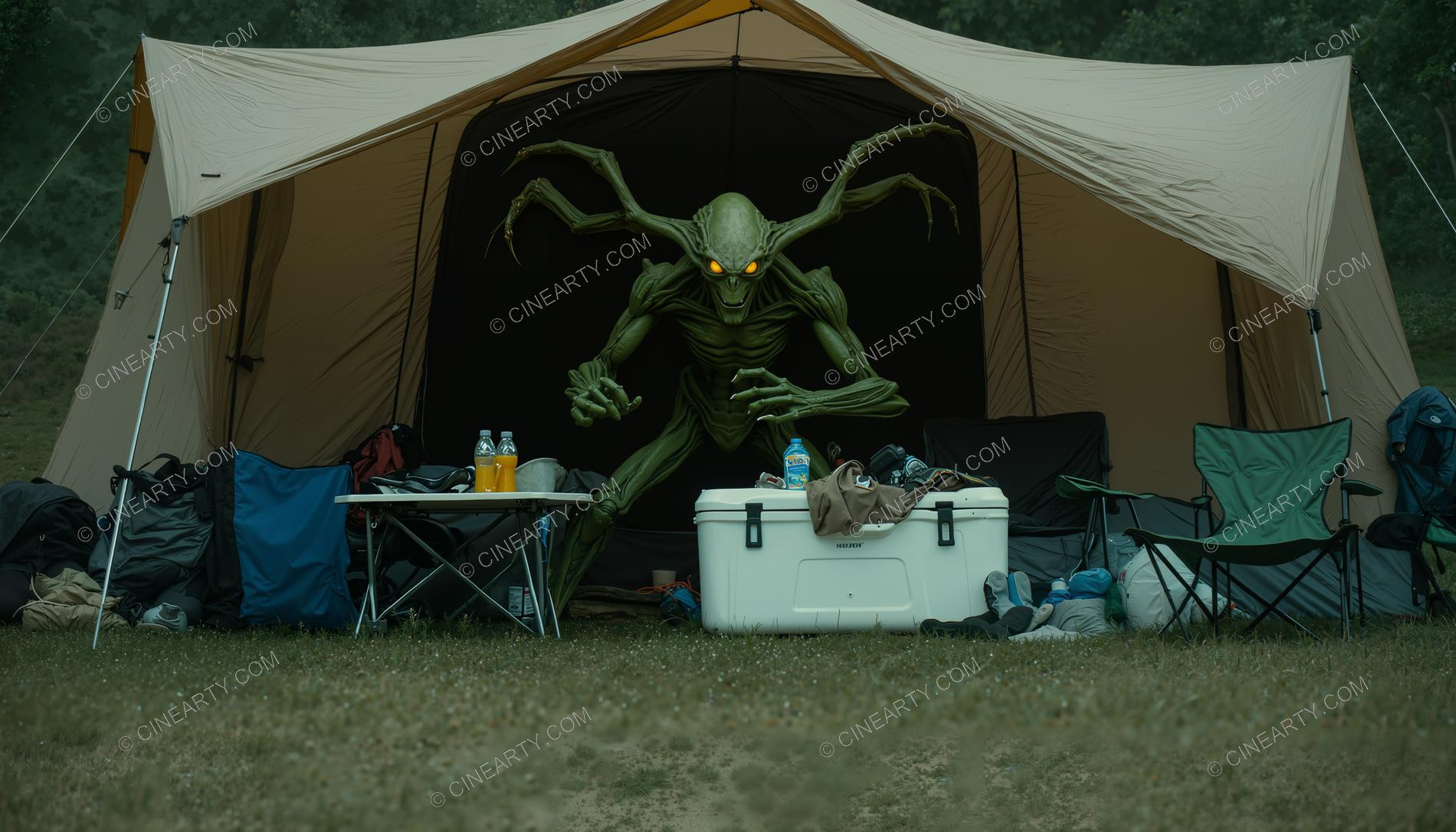 Monster and Tourists inside their Tent 18344