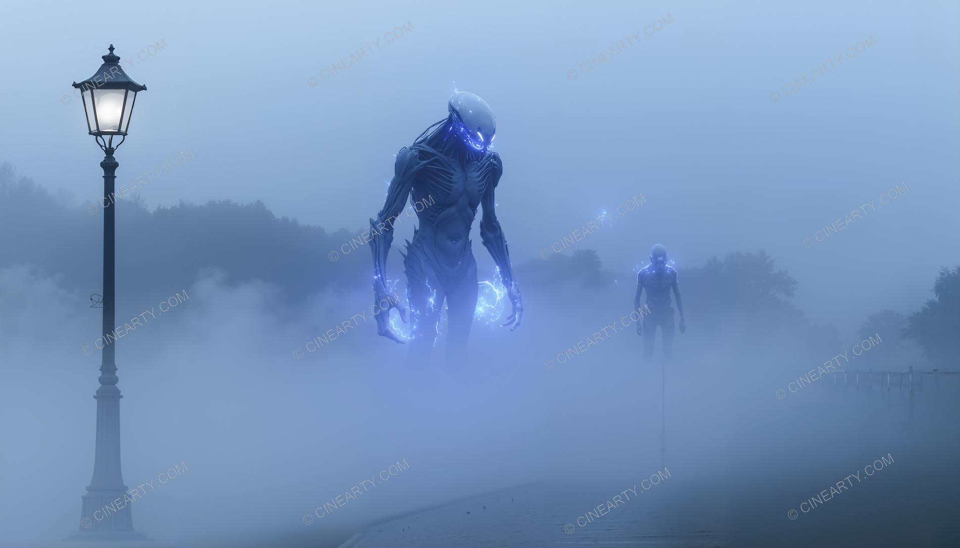 Giant Alien in Misty European Town 25293