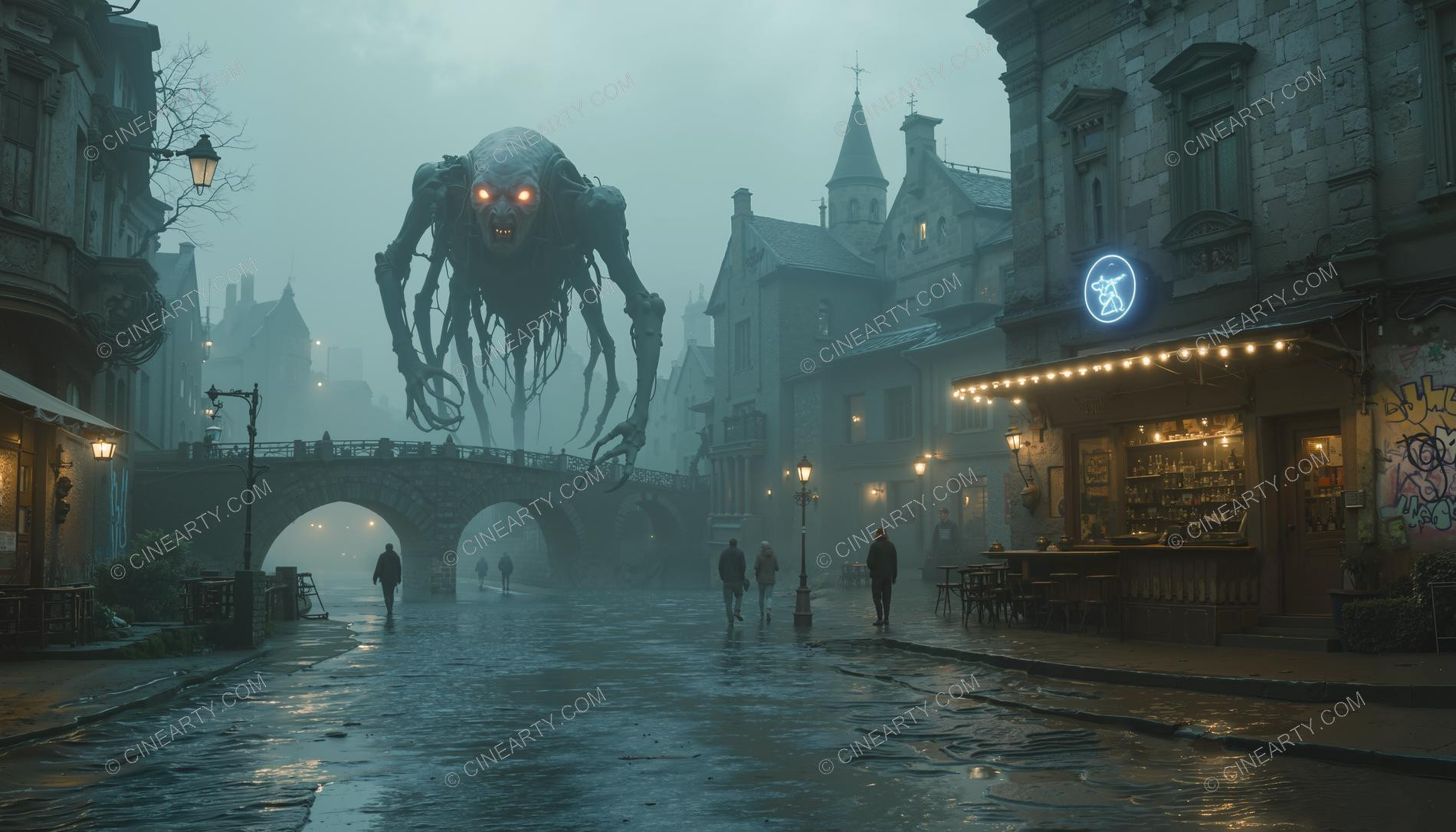 Giant Alien in Misty European Town 65686