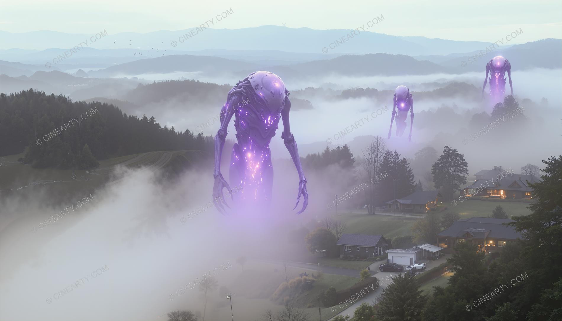 Giant Alien in Misty European Town 94357