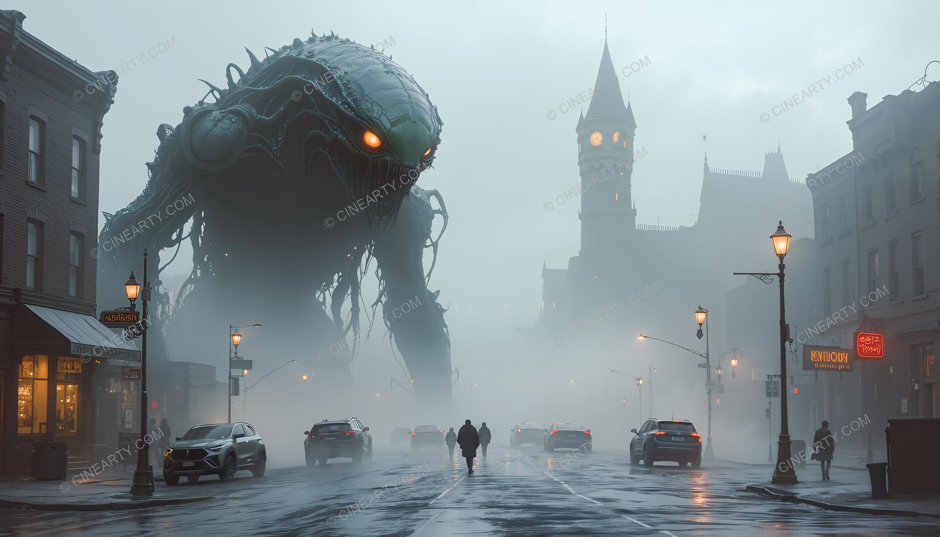 Giant Alien in Misty European Town 55442