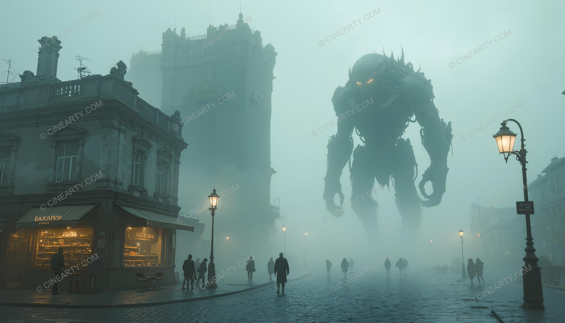 Giant Alien in Misty European Town 05195