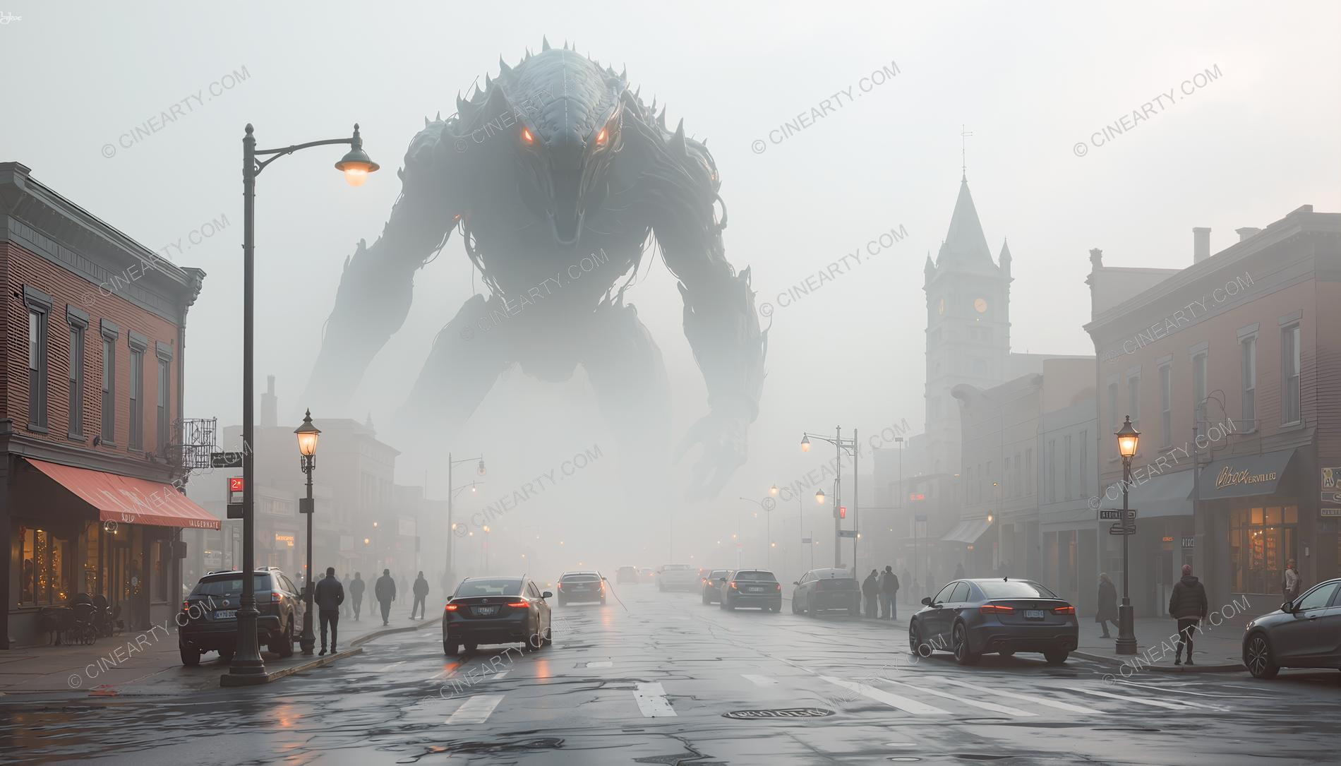 Giant Alien in Misty European Town 10022