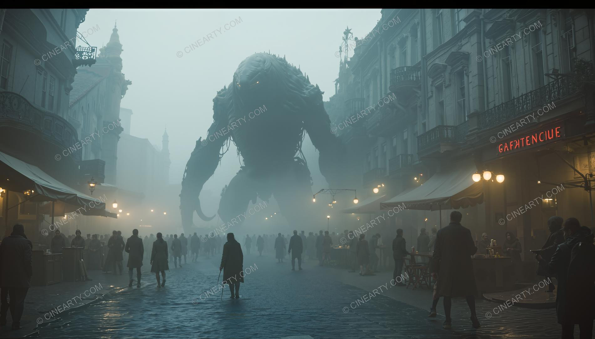 Giant Alien in Misty European Town 95741