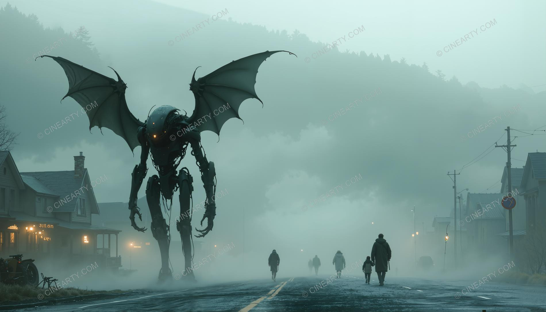 Giant Alien in Misty European Town 04222