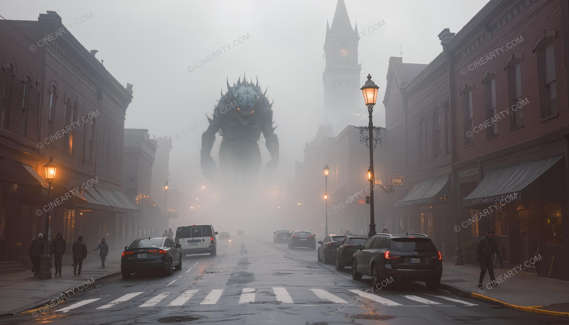 Giant Alien in Misty European Town 08270