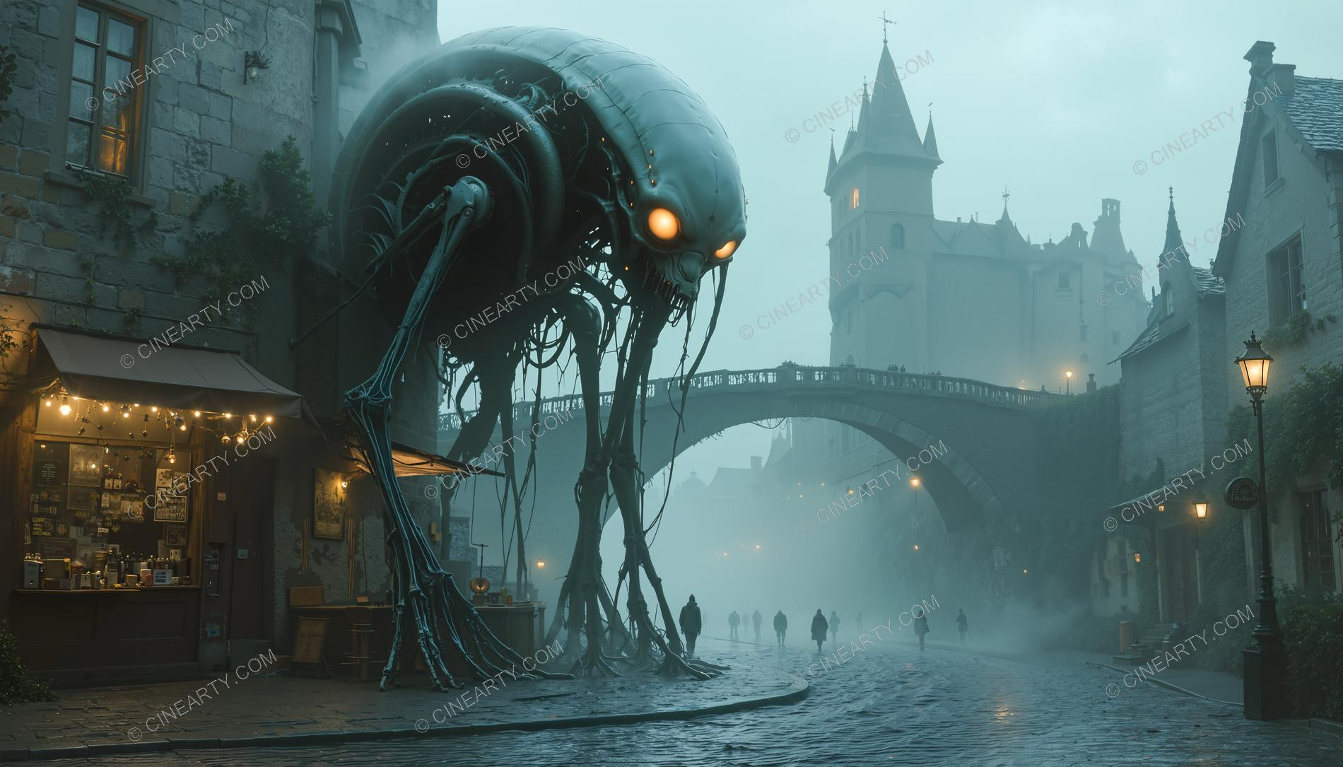 Giant Alien in Misty European Town 28659