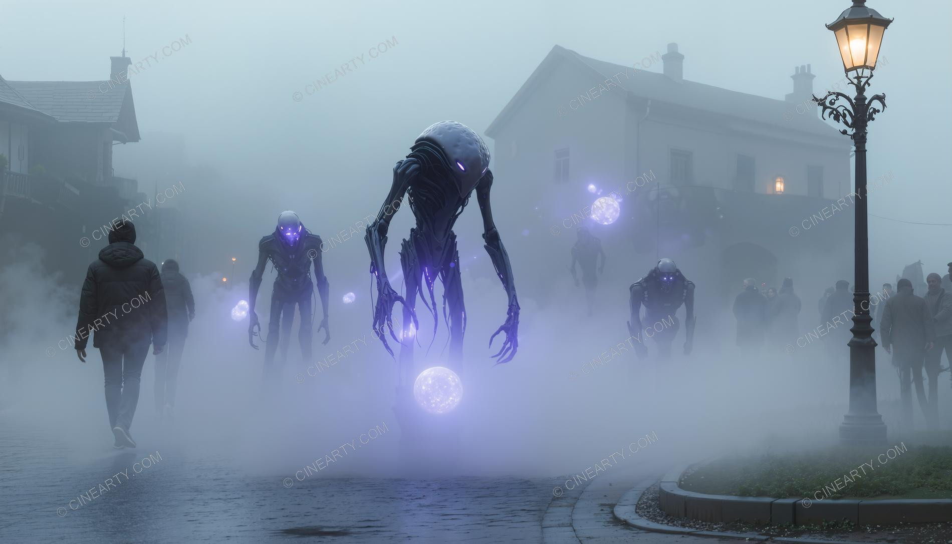 Giant Alien in Misty European Town 93175