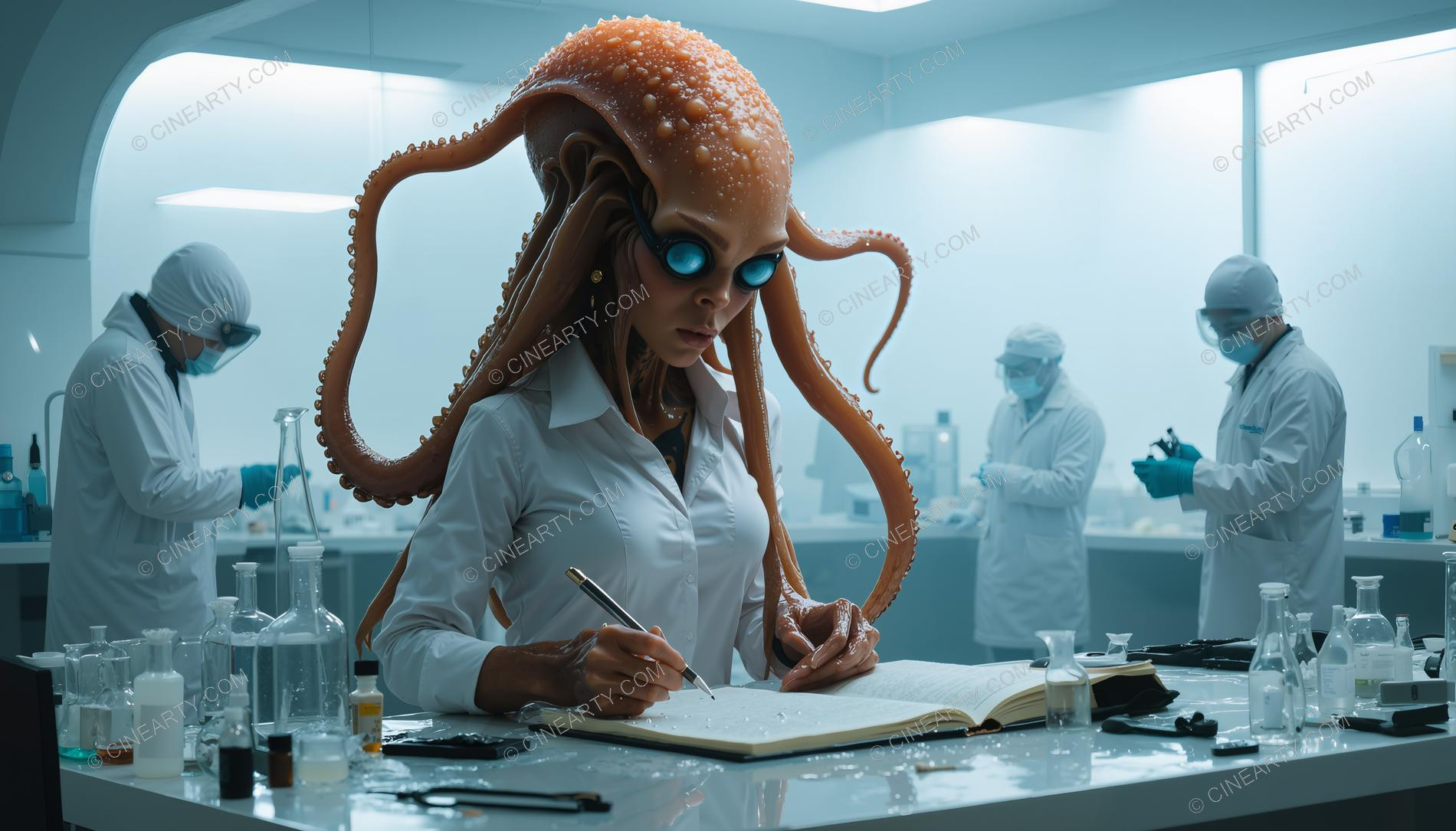 Humans and Octopus-Aliens Cooperate in Laboratory 03662