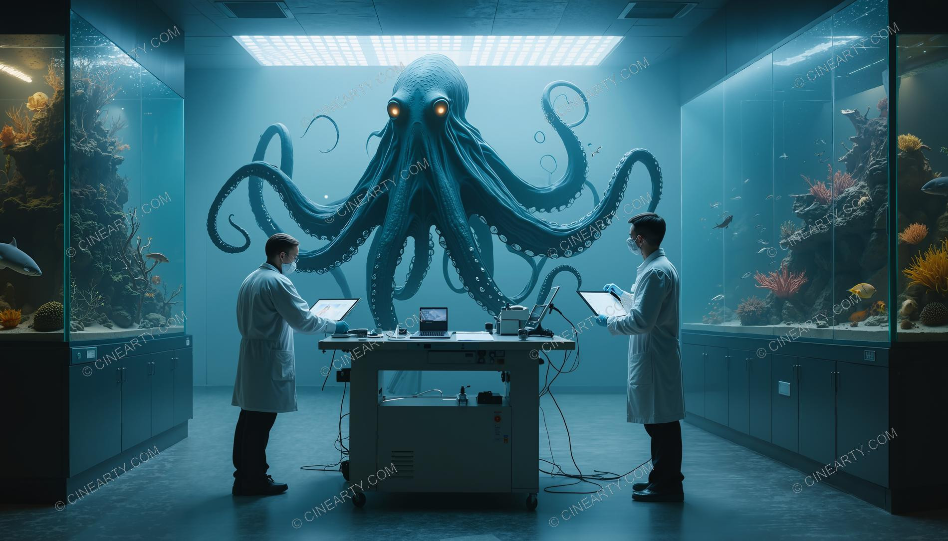 Humans and Octopus-Aliens Cooperate in Laboratory 30844