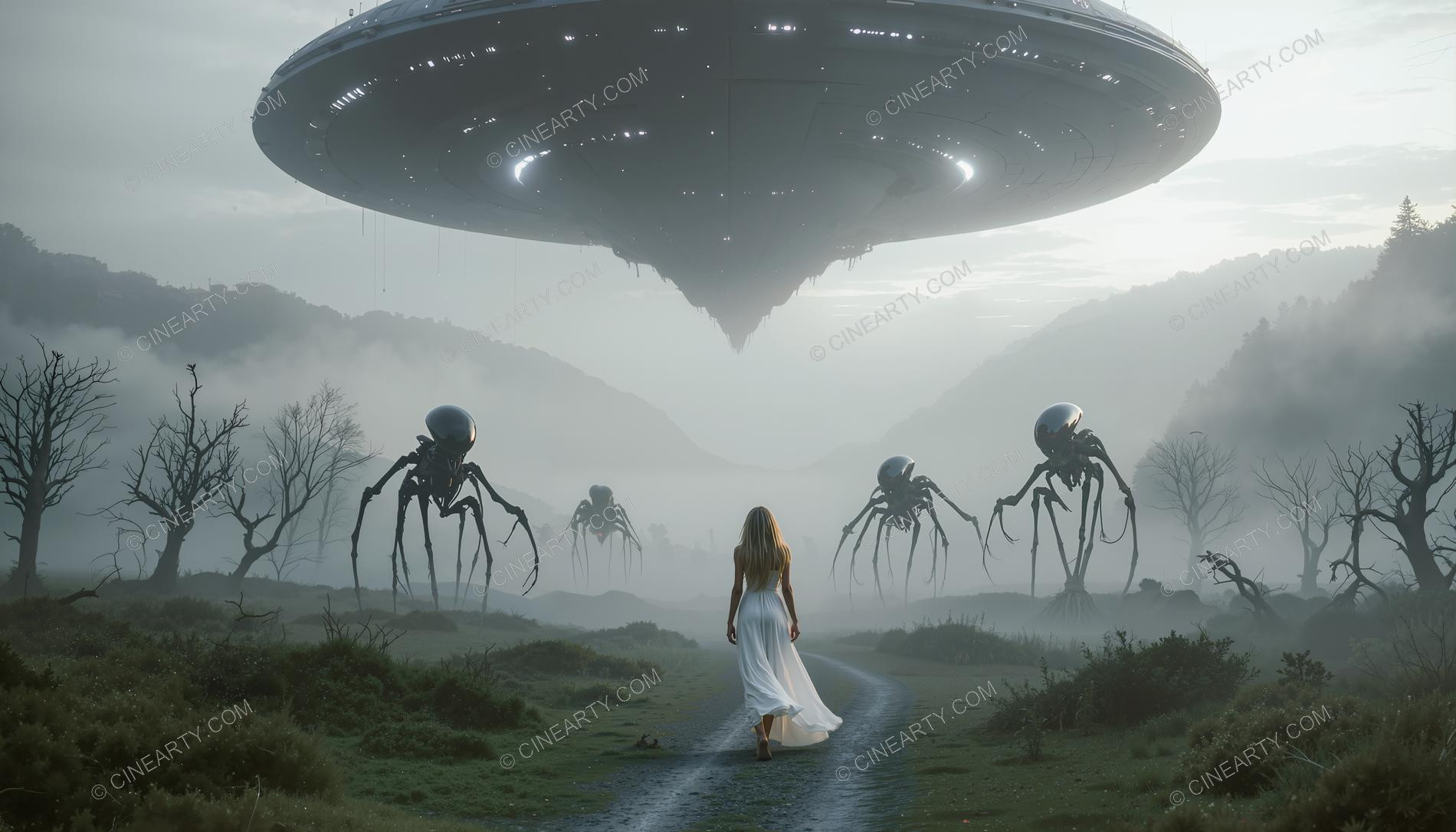 Elegant Lady Encounters Aliens in Forest 35582