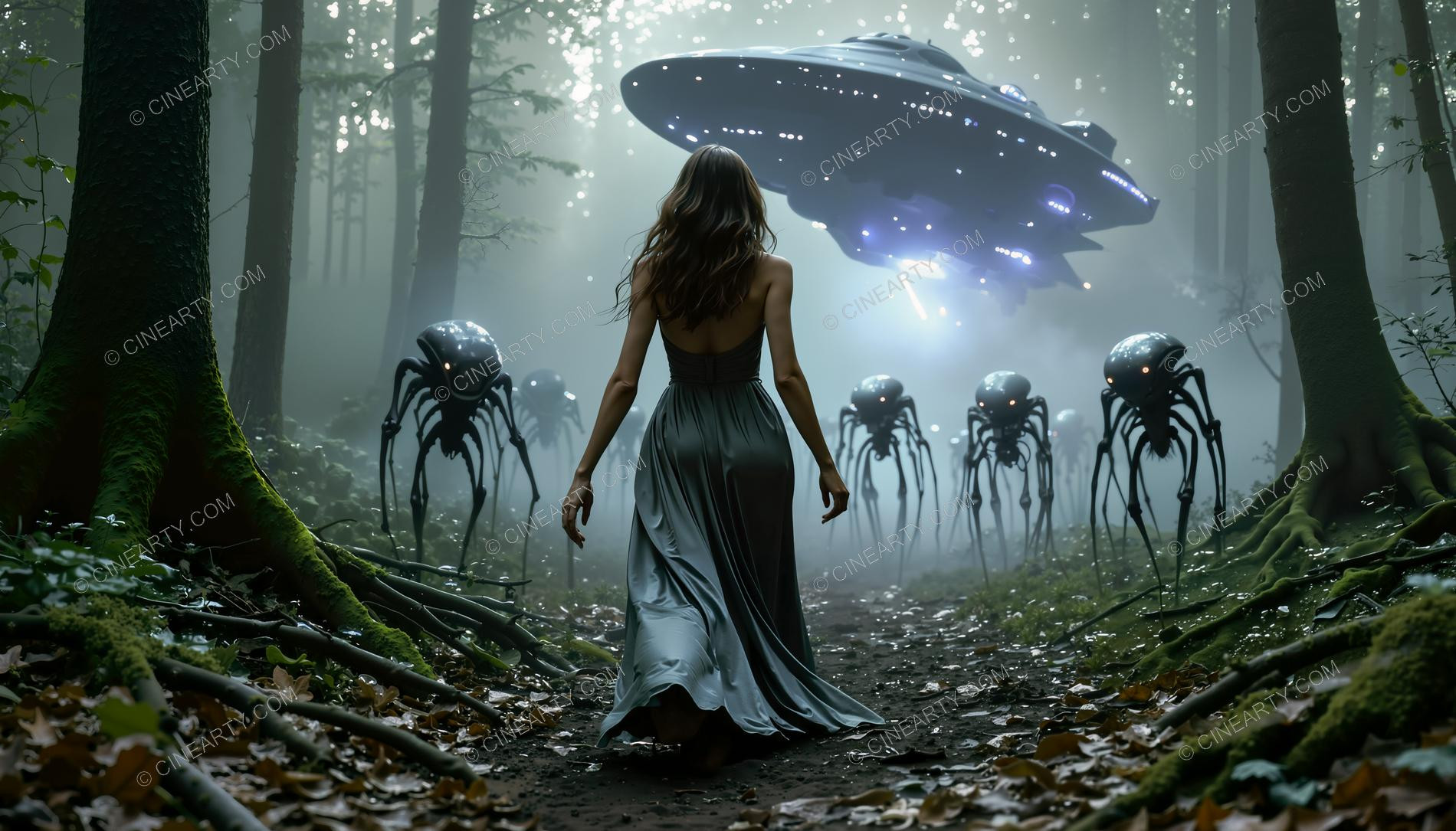 Elegant Lady Encounters Aliens in Forest 91195