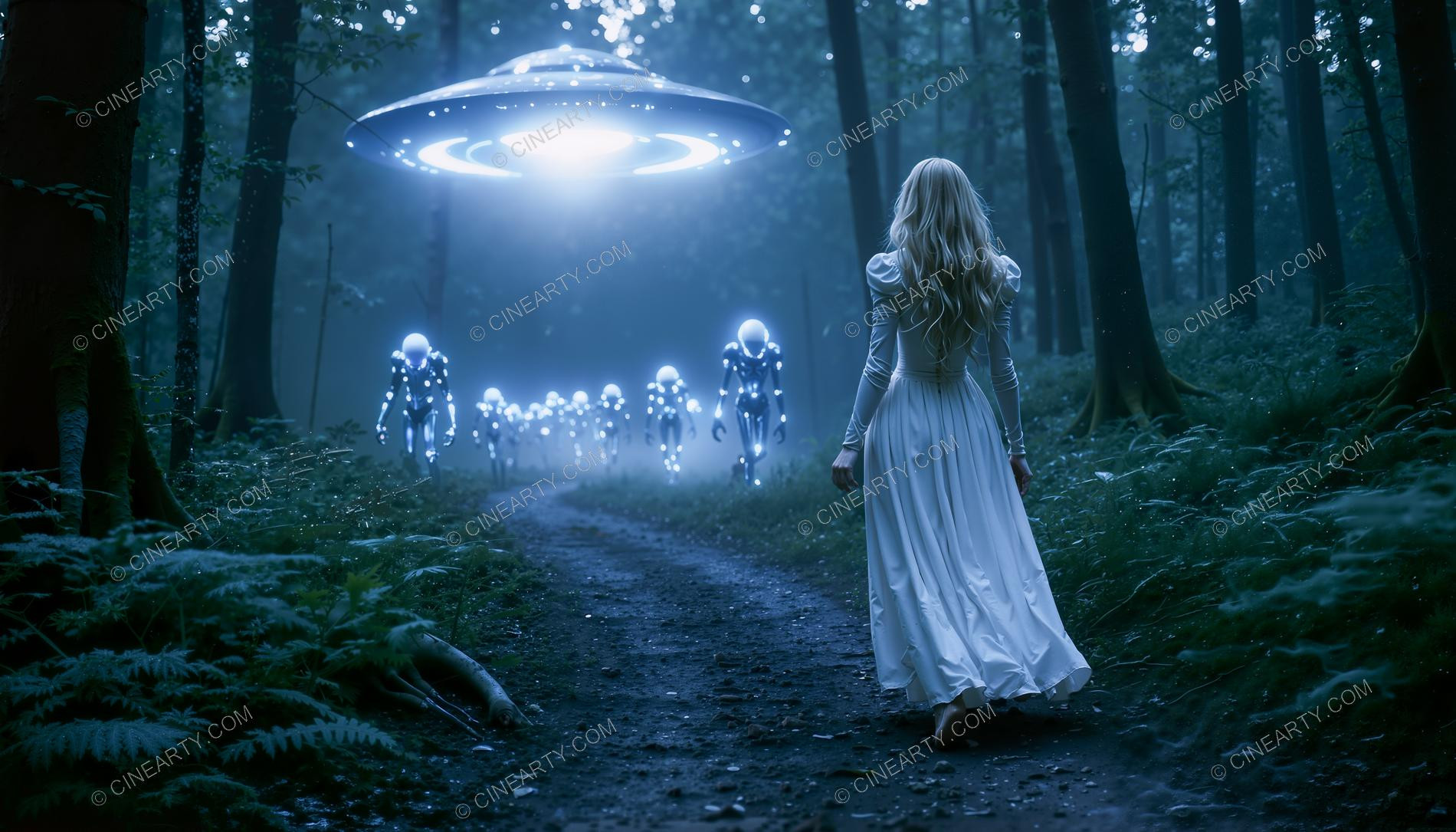 Elegant Lady Encounters Aliens in Forest 00334
