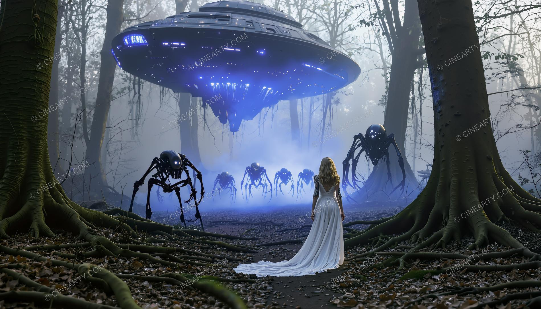 Elegant Lady Encounters Aliens in Forest 54346