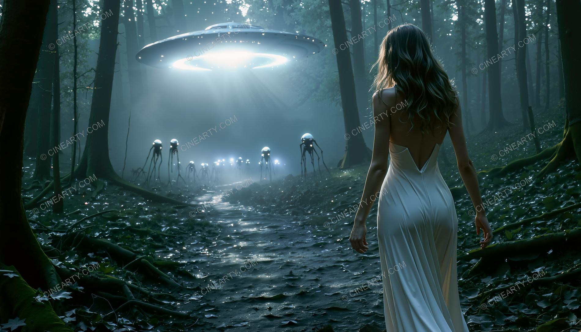 Elegant Lady Encounters Aliens in Forest 12250