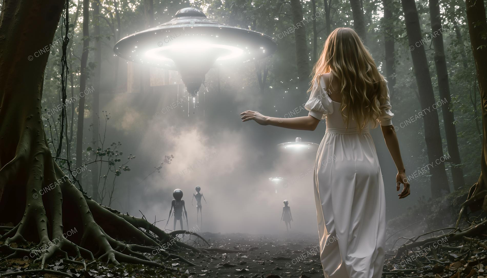 Elegant Lady Encounters Aliens in Forest 62631