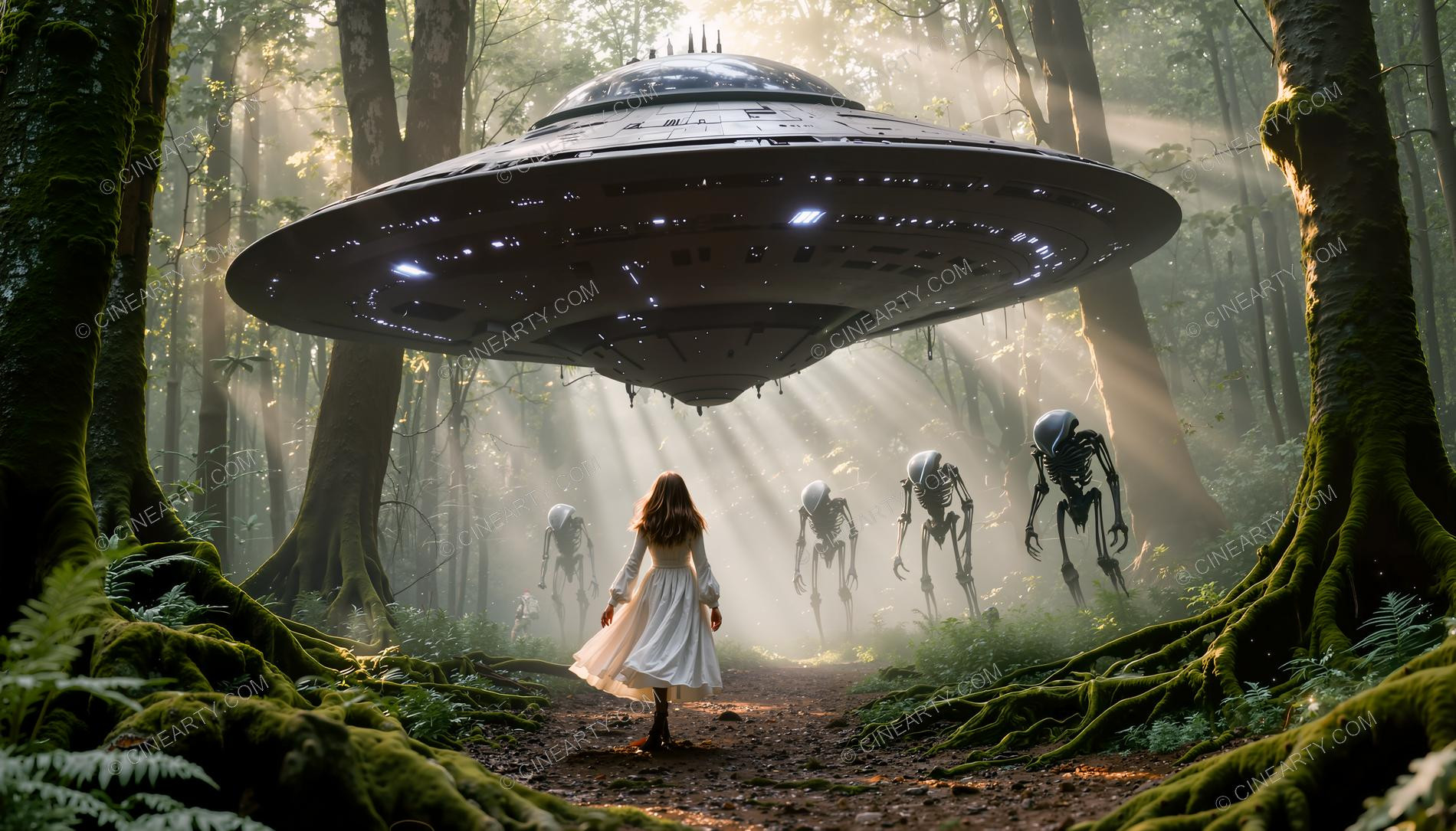 Elegant Lady Encounters Aliens in Forest 02857
