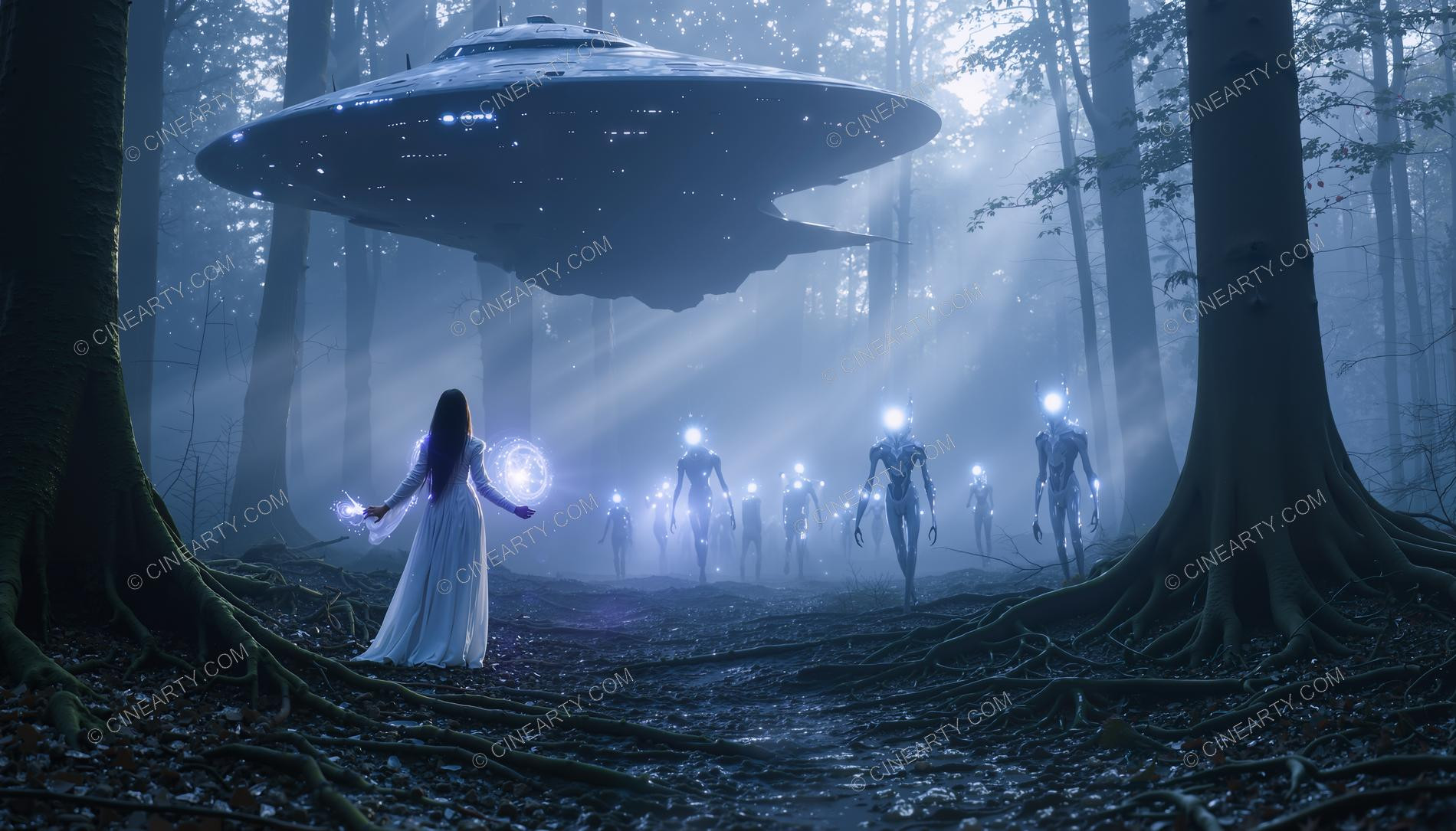 Elegant Lady Encounters Aliens in Forest 69879