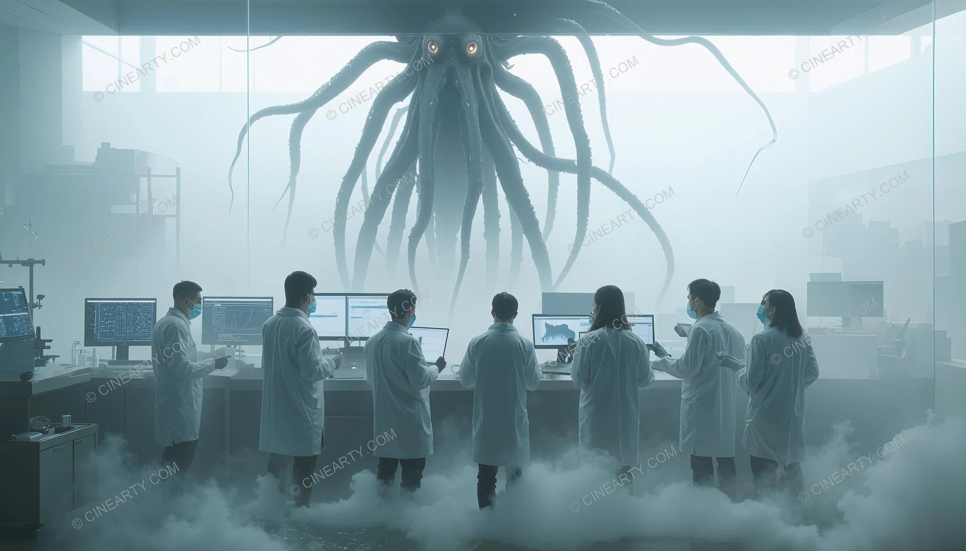 Scientists and Sentient Octopus in Aquarium 77830