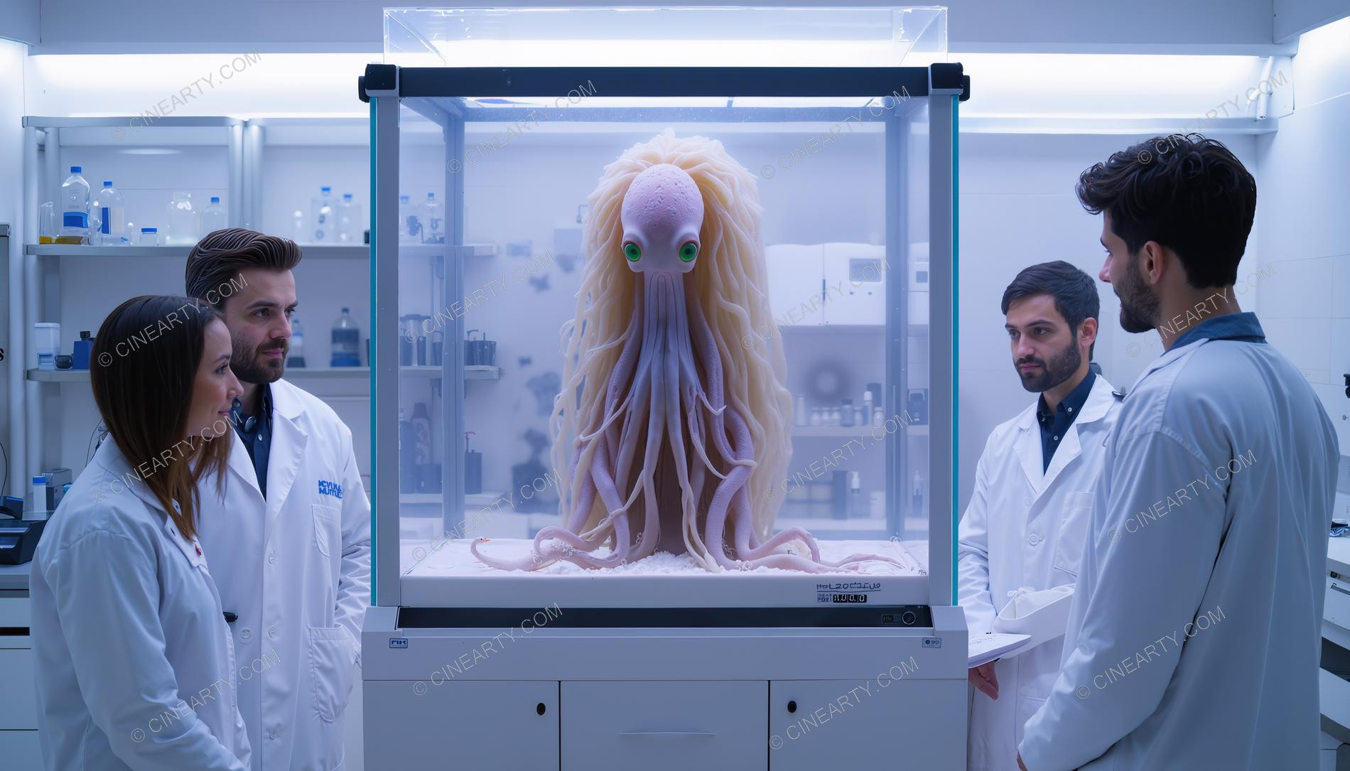 Scientists and Sentient Octopus in Aquarium 83092