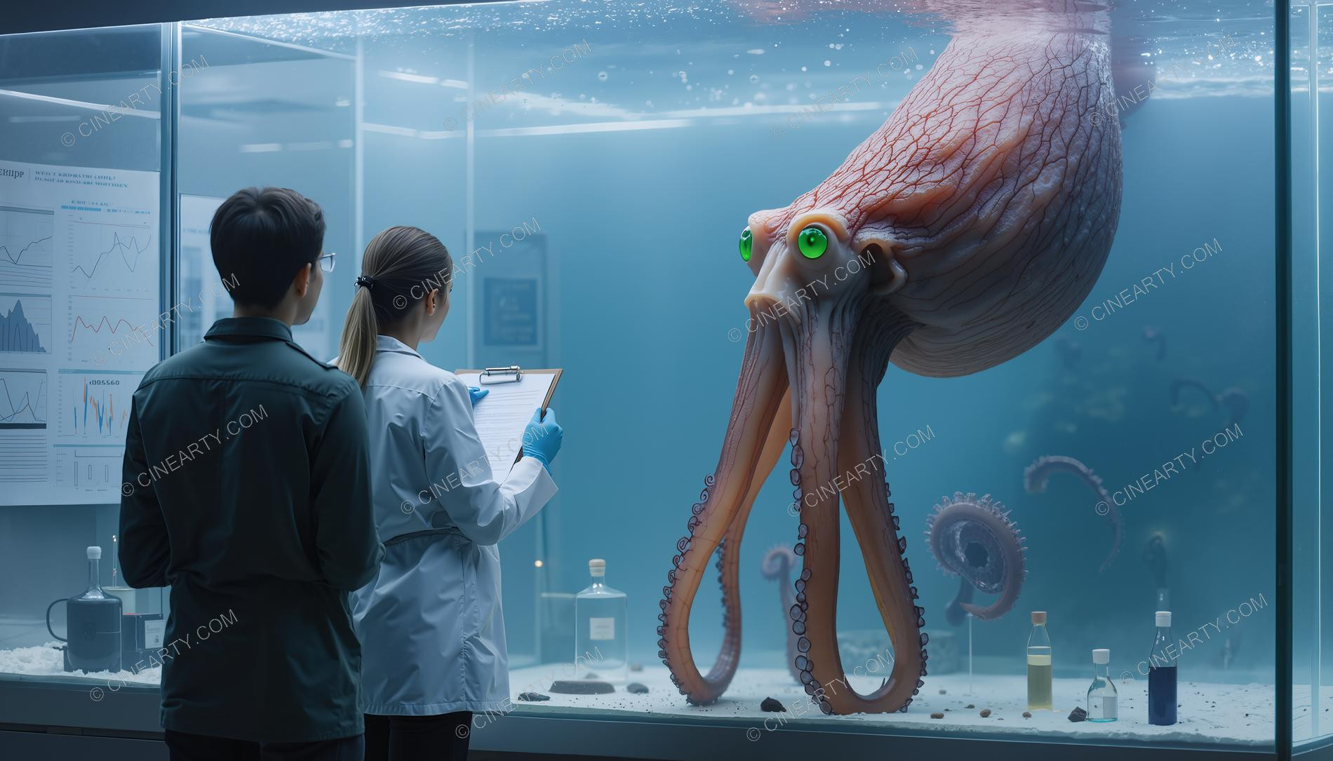 Scientists and Sentient Octopus in Aquarium 44294