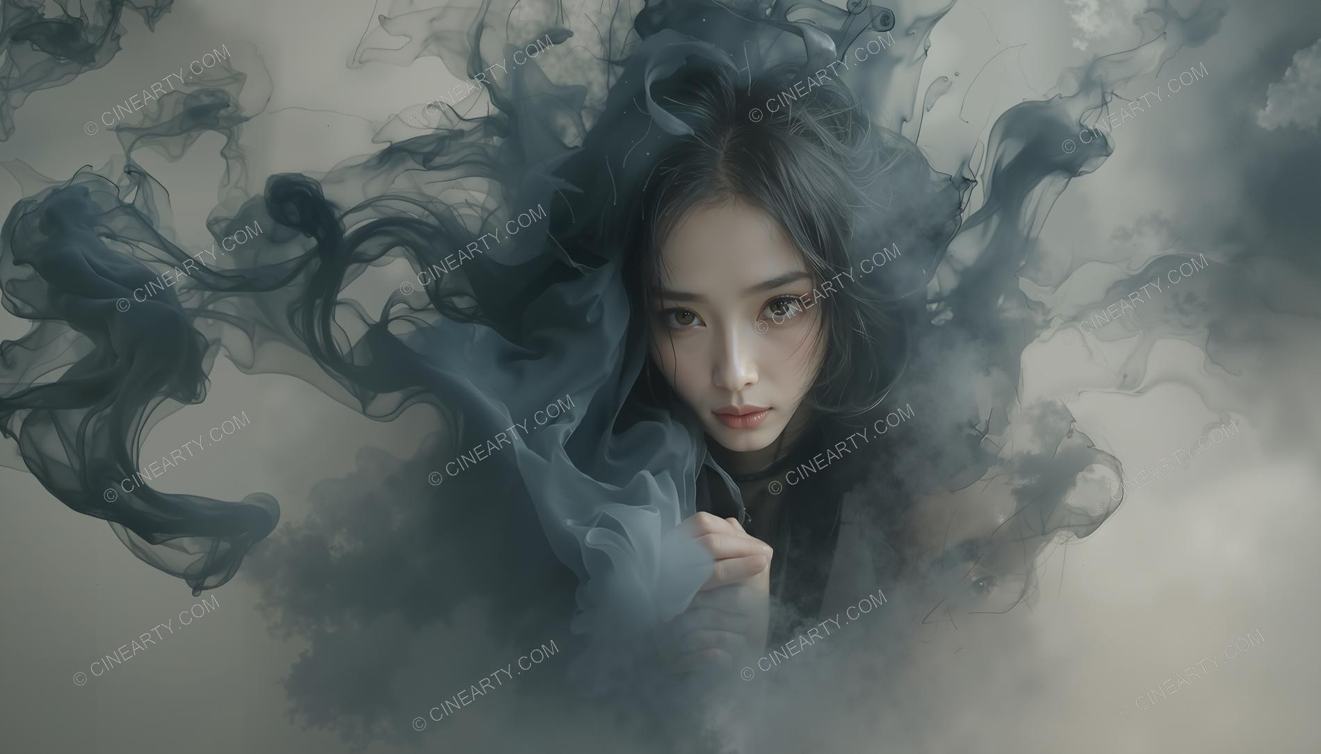 Beautiful Asian Girl Amid Watercolor Swirls 63584