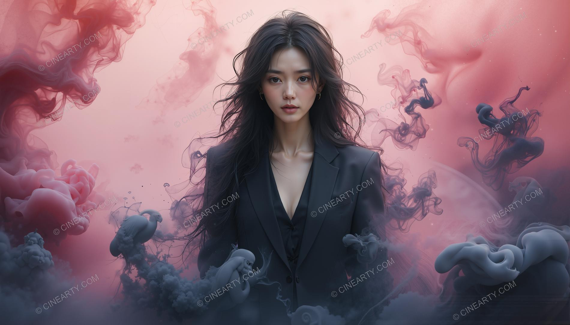 Beautiful Asian Girl Amid Watercolor Swirls 33029