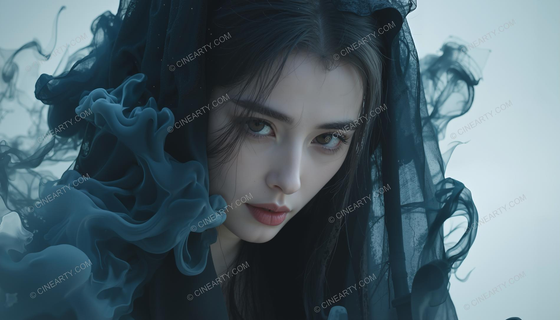 Beautiful Asian Girl Amid Watercolor Swirls 56222