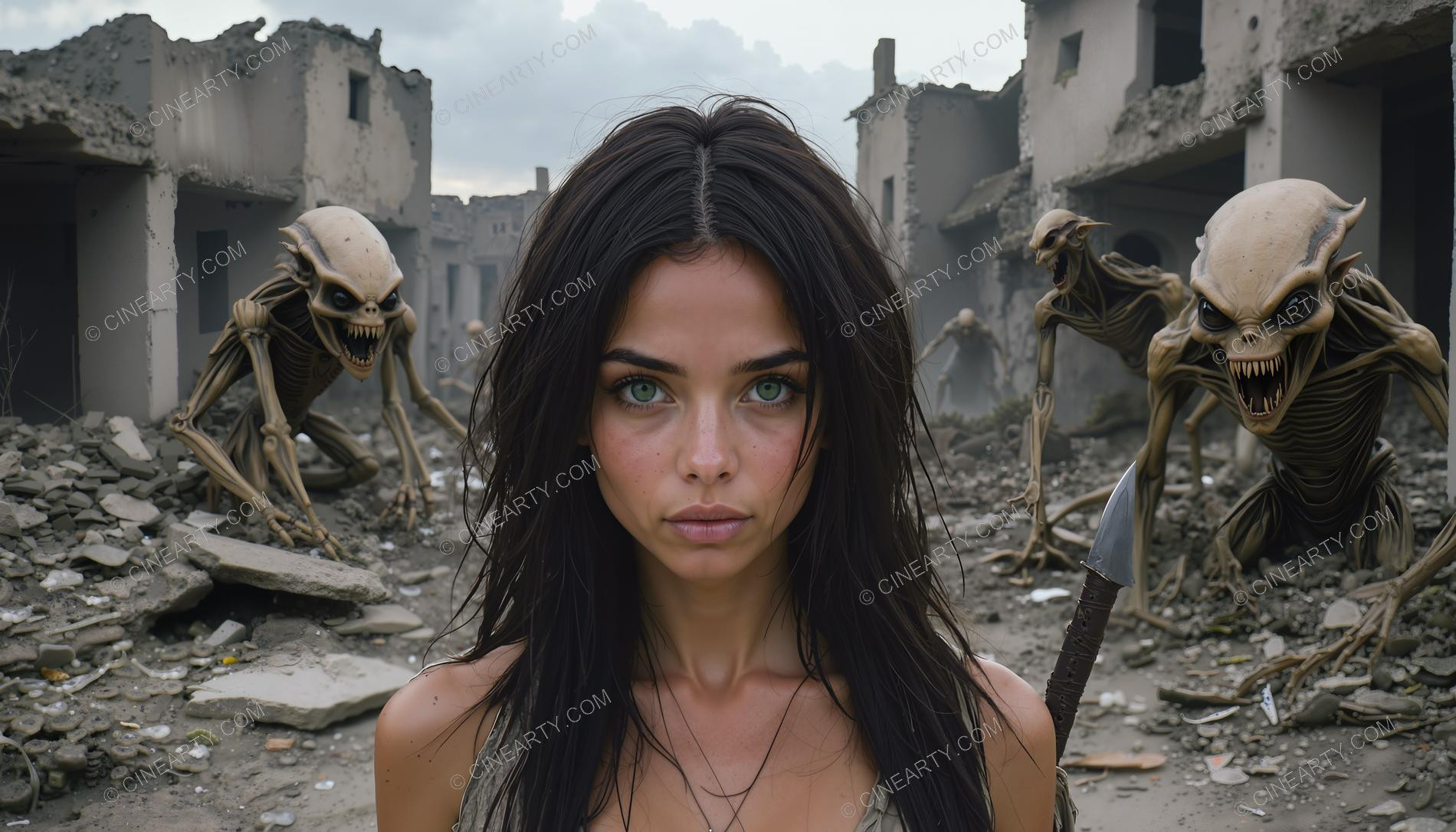 Alien Invation Post-Apocalypse. Beautiful Girl 07736