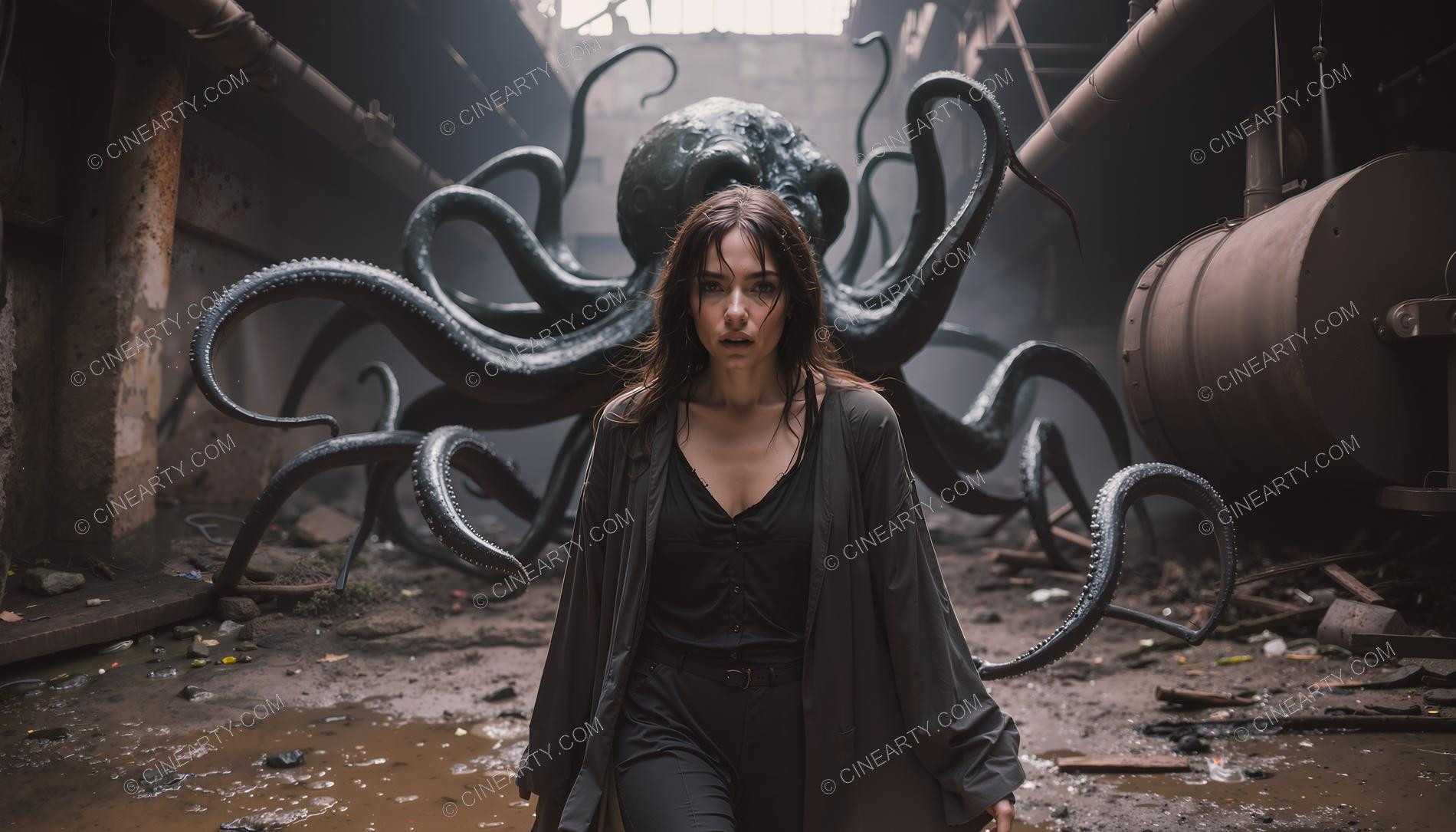 Young Woman Pursued by Young Cephalopod Aliens 04422