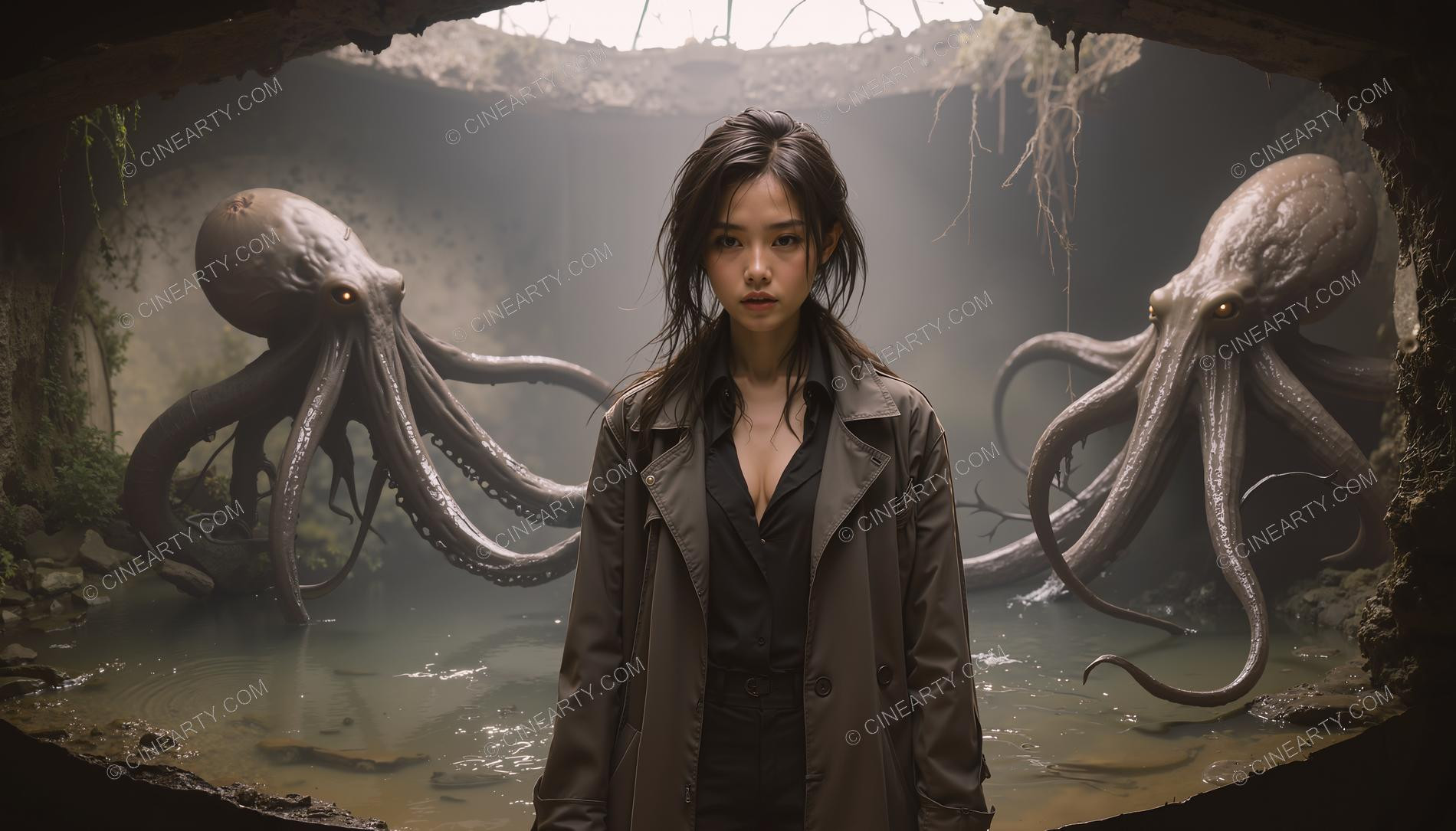 Young Woman Pursued by Young Cephalopod Aliens 65029