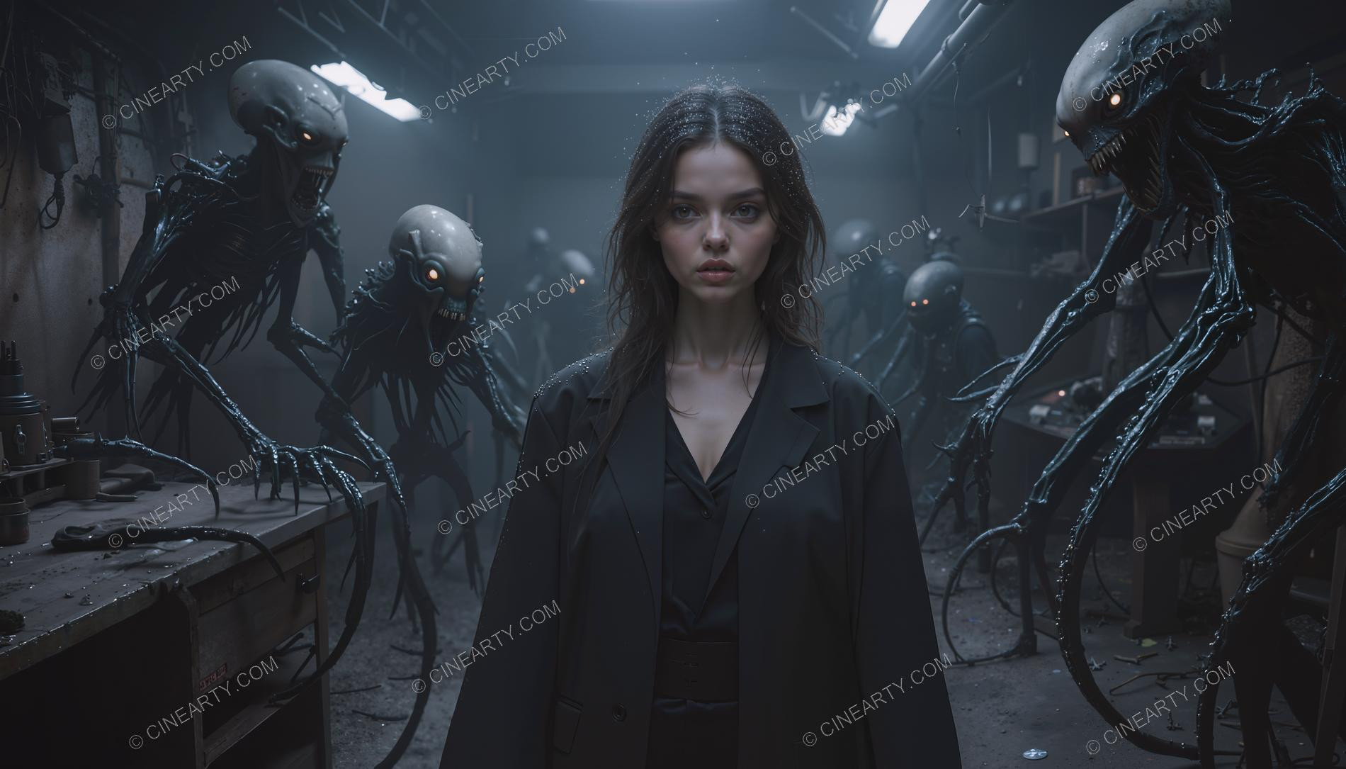 Young Woman Pursued by Young Cephalopod Aliens 06596