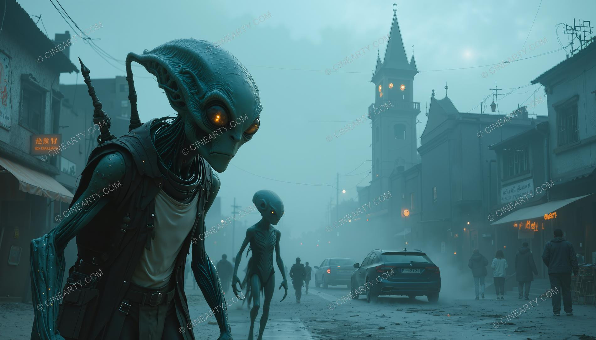 Alien Humanoids in an Old Misty European Town 82431