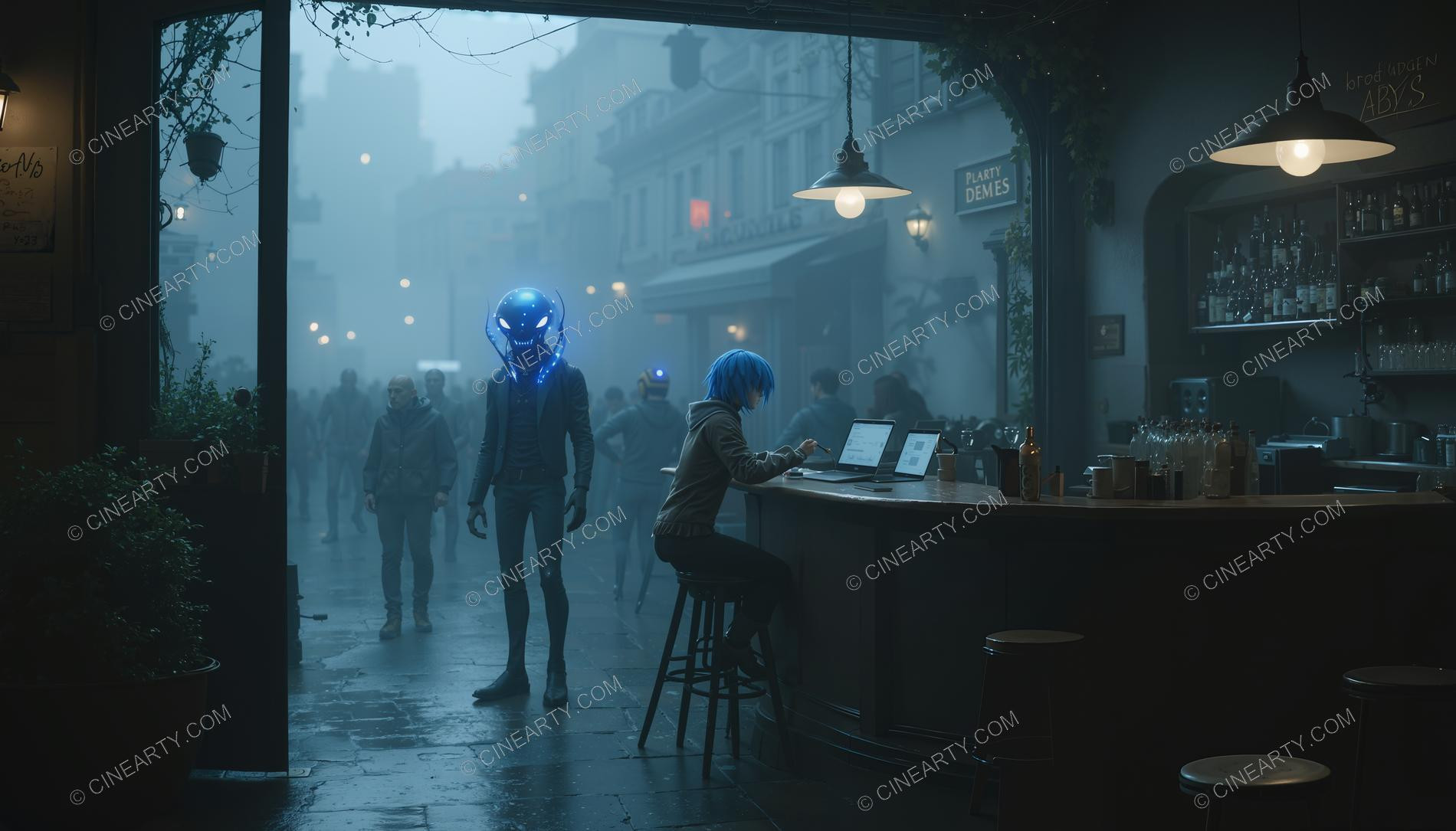 Alien Humanoids in an Old Misty European Town 68679